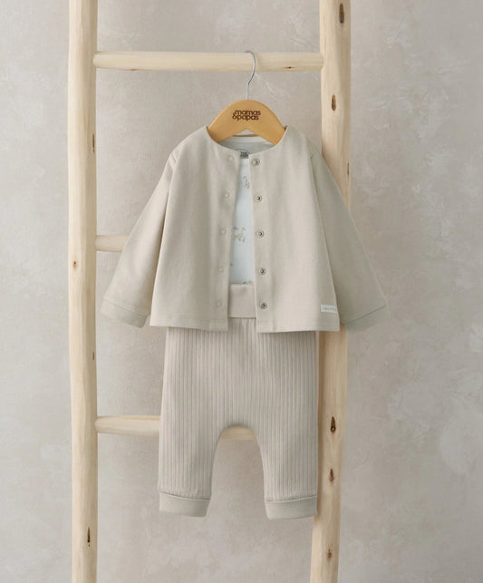 Infant jacket, bodysuit and leggings set in light neutral with button front