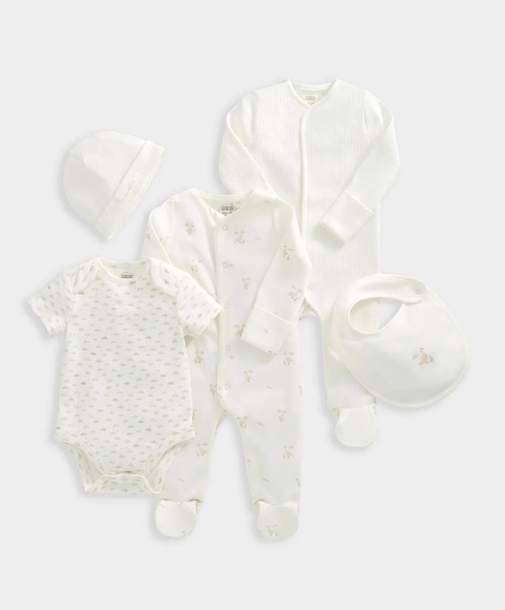 Duckling outfit set pieces: short-sleeve bodysuit, long-sleeve onesie, hat and bib