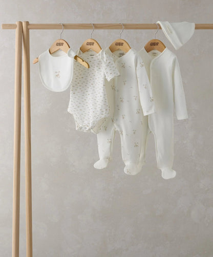 Duckling outfit set: bib, bodysuit, pants and footed romper, all in off-white