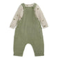 Green dungarees over speckled long-sleeve bodysuit, front pockets and snap straps