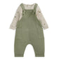 Green dungarees over speckled long-sleeve bodysuit, square pockets and cuffed legs
