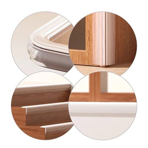 Clear edge protection tape applied to wooden furniture edges, close-up