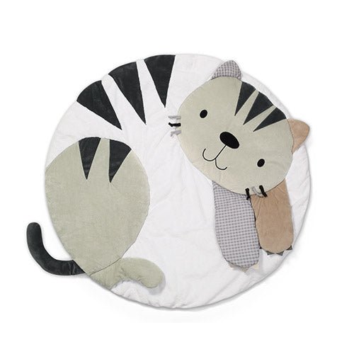Cat-themed round play mat with striped cat face and gray ears
