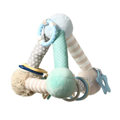Mint plush baby activity pyramid with hanging rings, striped legs, and soft fabric balls