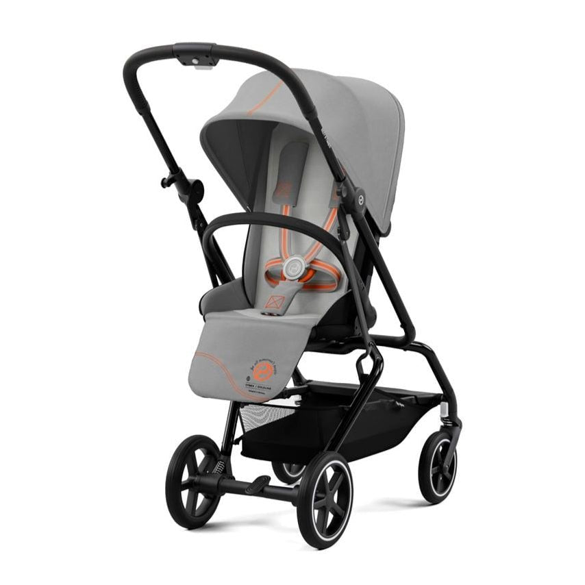 Grey stroller with padded seat, canopy, and orange detail
