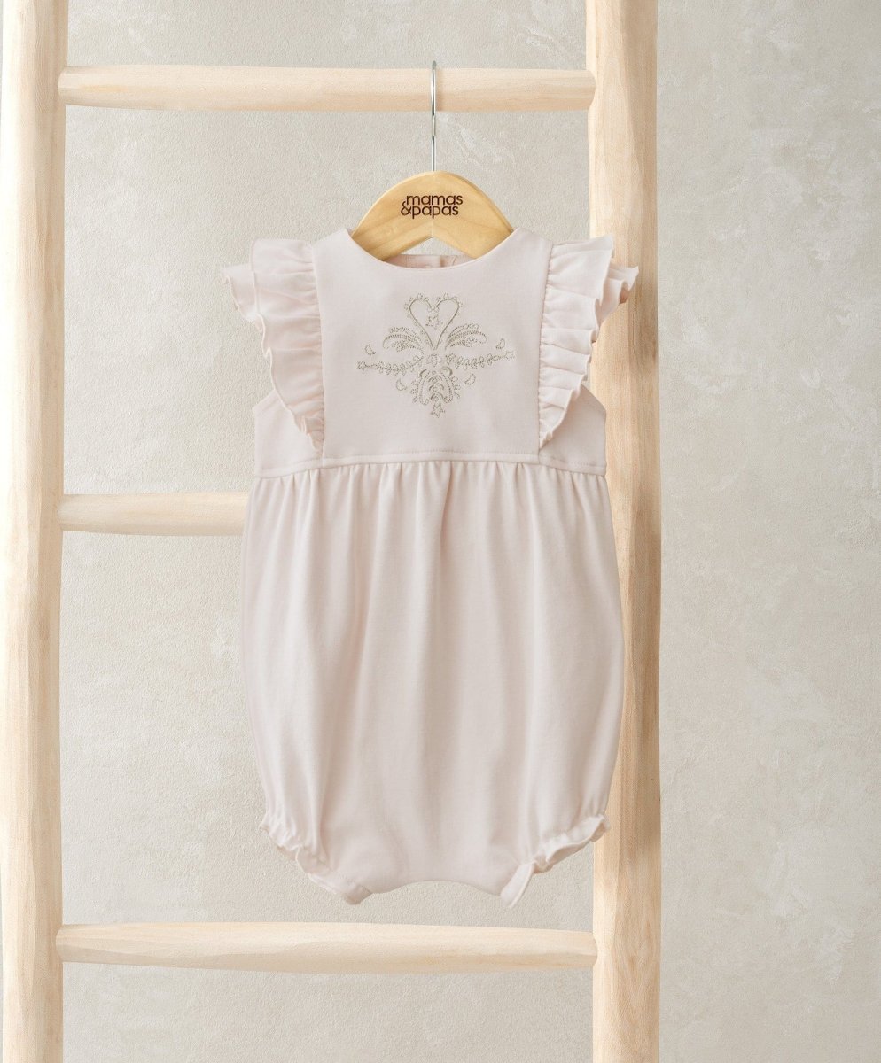 Eid shortie romper with ruffled sleeves and embroidered heart design, light pink