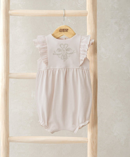 Eid shortie romper with ruffled sleeves and embroidered heart design, light pink