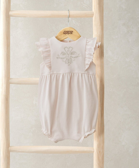 Eid shortie romper with ruffled sleeves and embroidered heart design, light pink