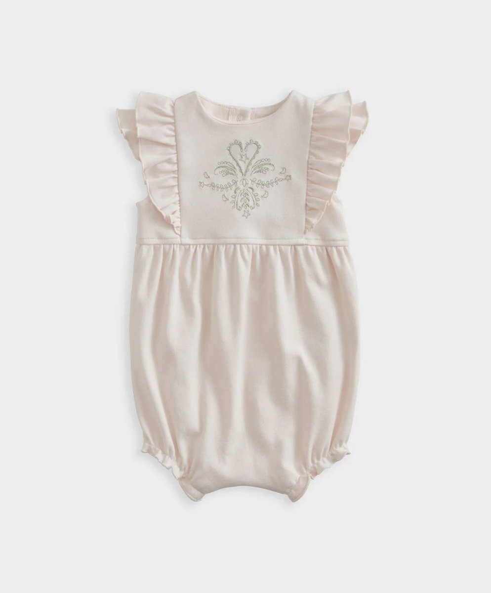 Shortie romper with ruffled shoulder sleeves and embroidered chest detail, pale pink