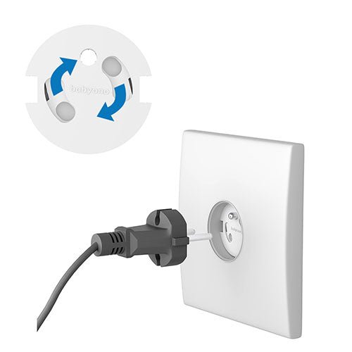 Rotating outlet safety cover with plug insert, white wall plate