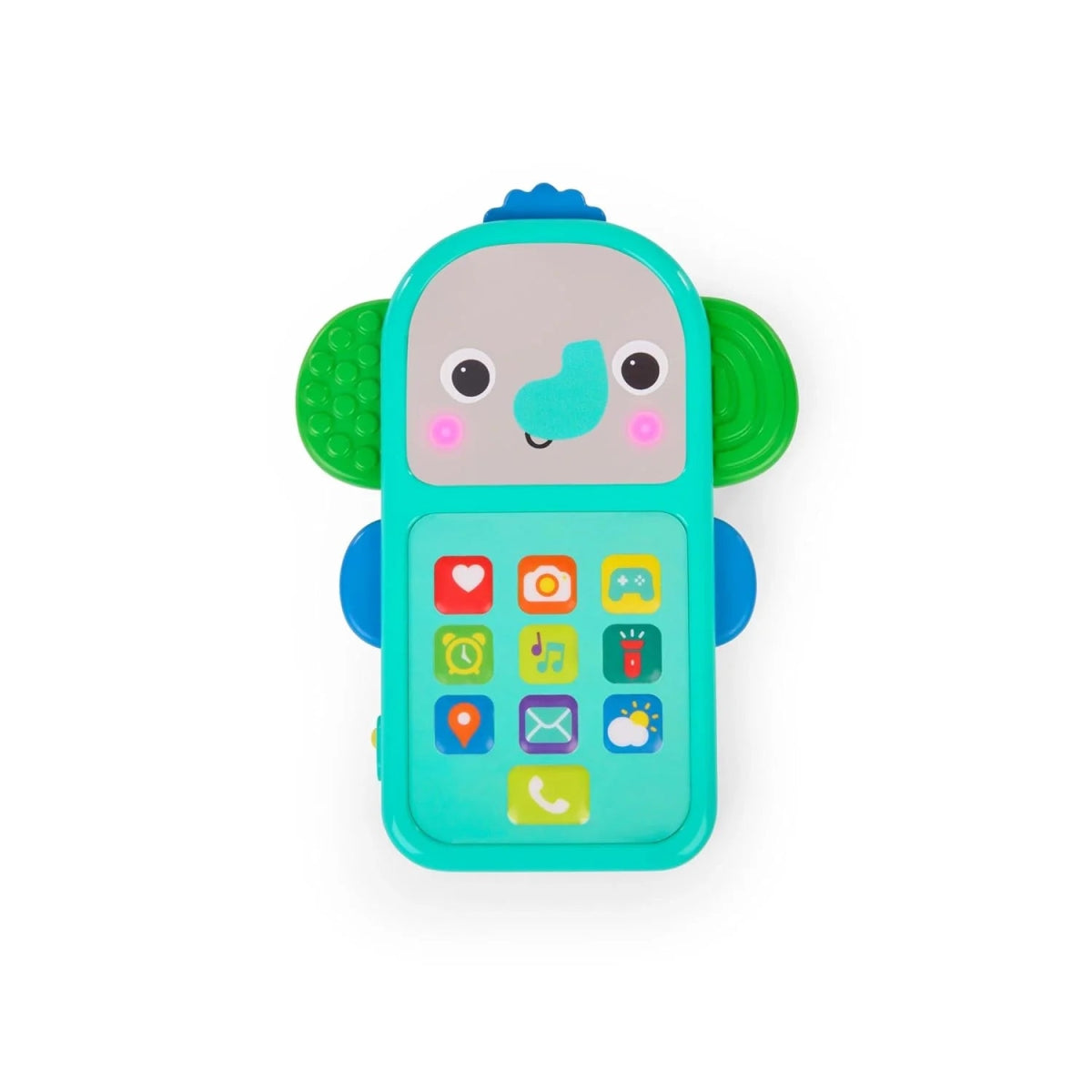 Turquoise elephant baby phone toy with large ears, face lights, and colorful button icons