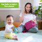 Teal elephant baby phone toy with colorful buttons in a child’s hand