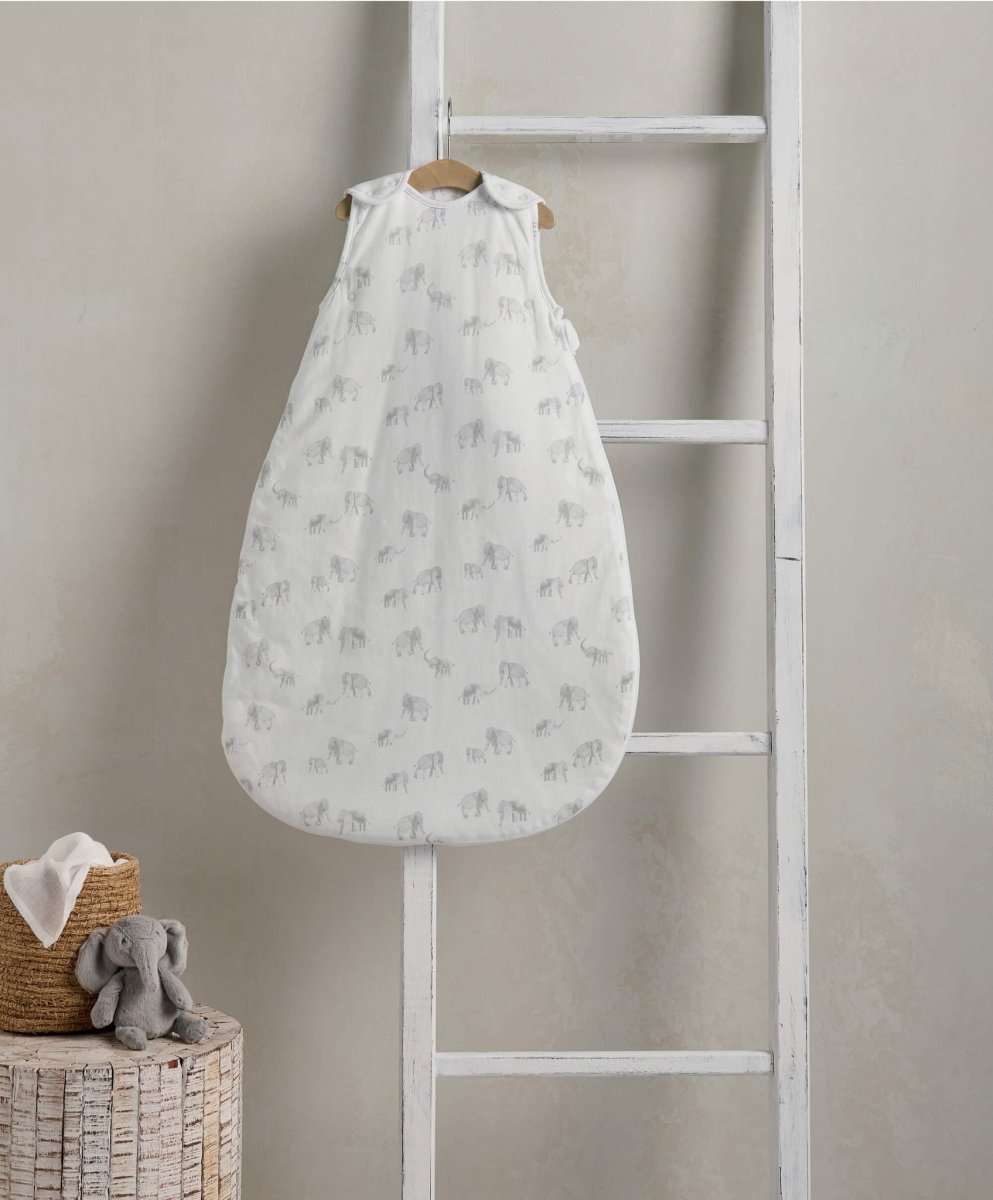 Elephant-printed baby sleep sack, white with light gray allover elephants, 0–6 months