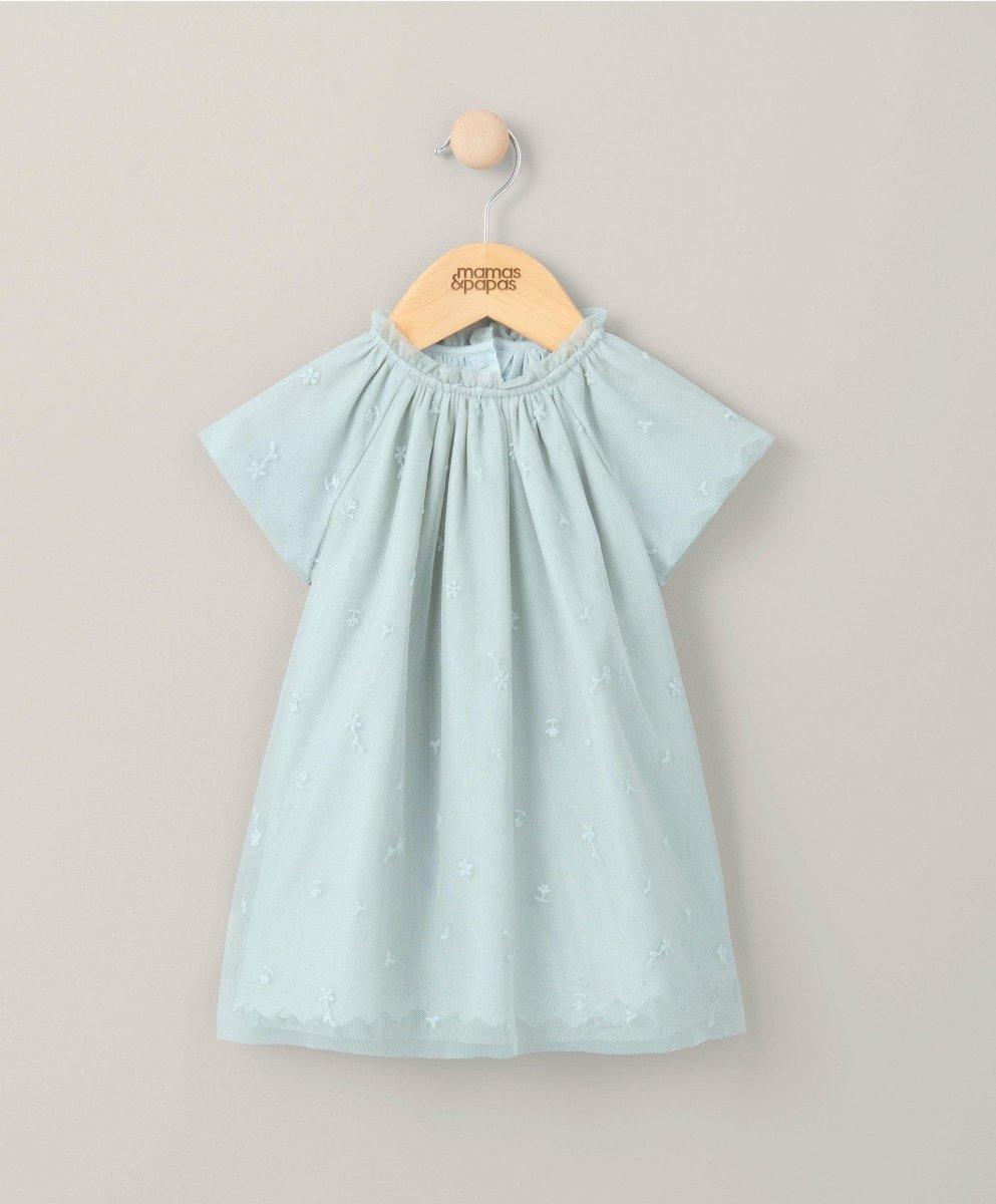 Embroidered light blue-green dress with gathered yoke and short sleeves