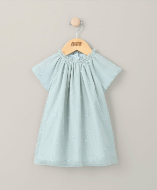 Embroidered light blue-green dress with gathered yoke and short sleeves