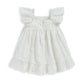 White embroidered dress with puff sleeves and tiered skirt, ruffled neckline