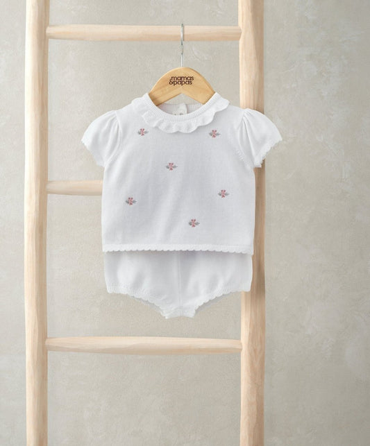 White embroidered knit top and shorts set, cap sleeves with small floral embroidery
