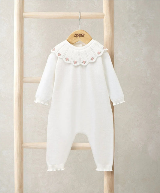 White embroidered scallop collar romper with frill-trim neckline and long sleeves