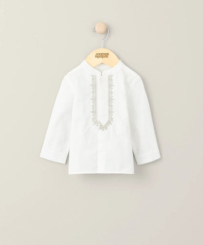 White embroidered shirt with vertical front placket and decorative trim, 3/4 sleeves