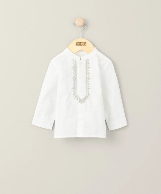 White embroidered shirt with vertical front placket and decorative trim, 3/4 sleeves