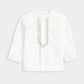 White embroidered shirt front with vertical ornate panel and 3/4 sleeves