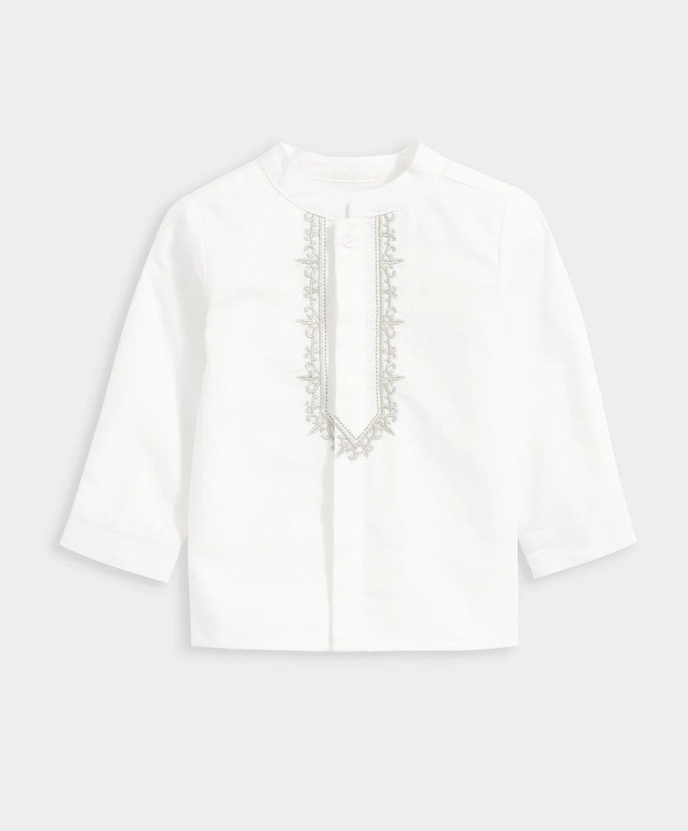 White embroidered shirt front with vertical ornate panel and 3/4 sleeves