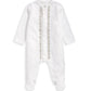 White embroidered sleepsuit with stand collar and vertical trim down center front.