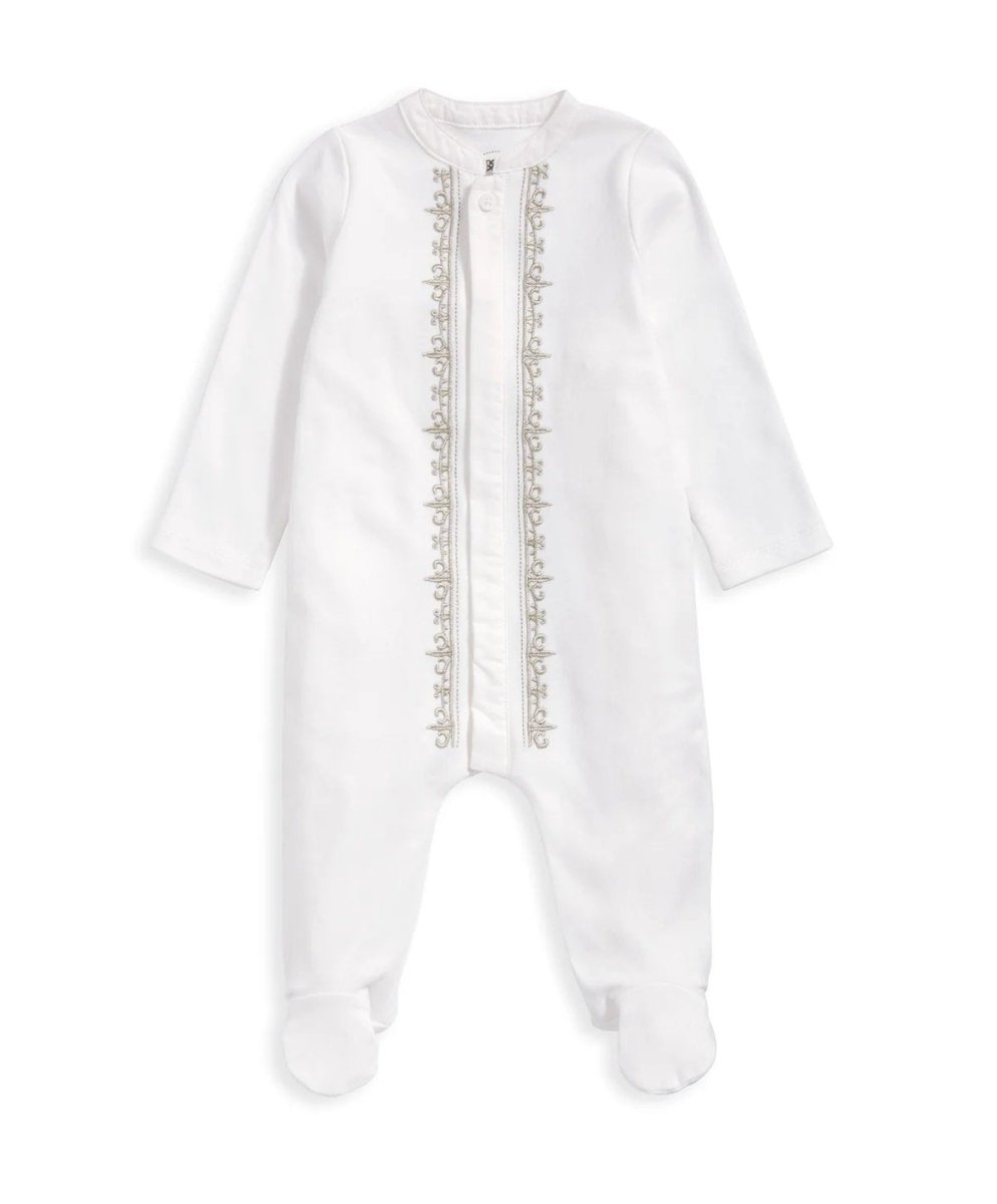 White embroidered sleepsuit with stand collar and vertical trim down center front.