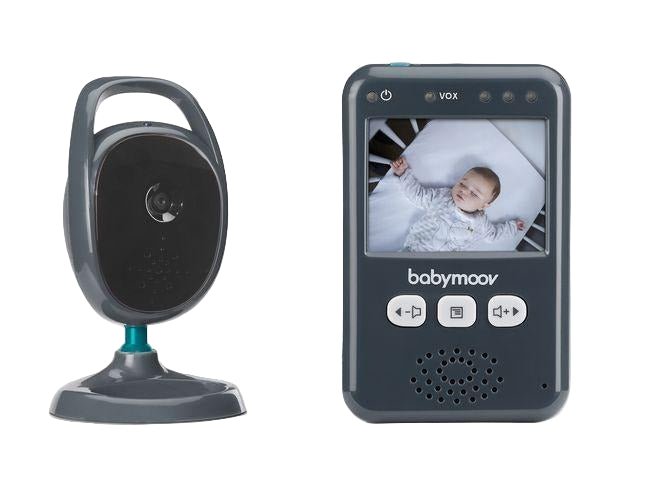 Baby video monitor parent unit with screen and buttons, dark blue-gray casing