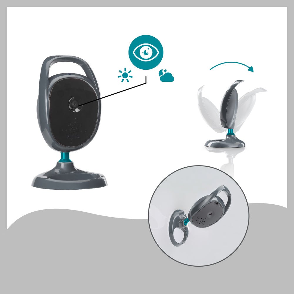 Baby video monitor receiver and camera with teal activity and signal icons