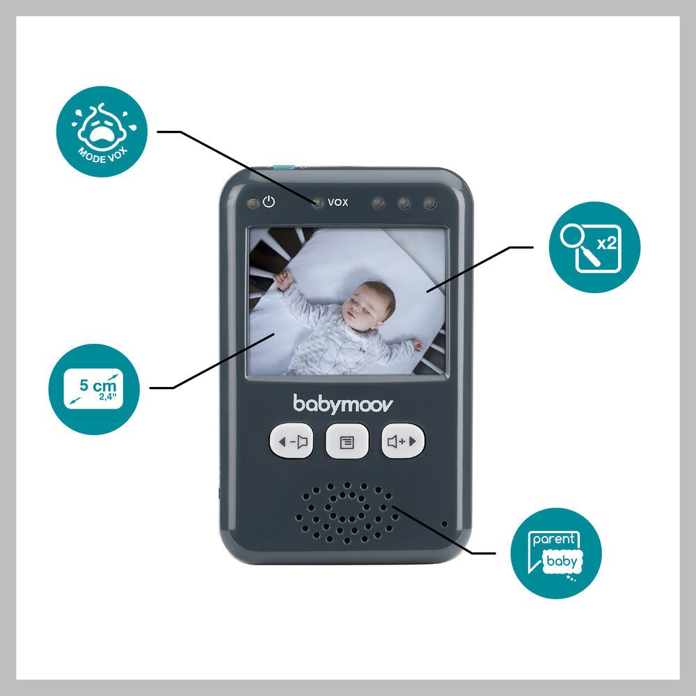 Baby video monitor parent unit with live baby on screen, speaker and control icons