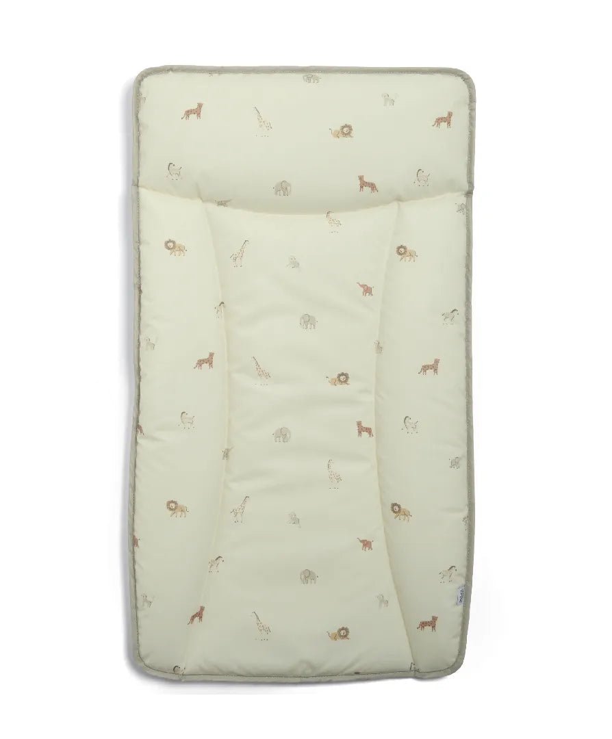 Baby changing mat in beige with all-over animal print, contoured padded center