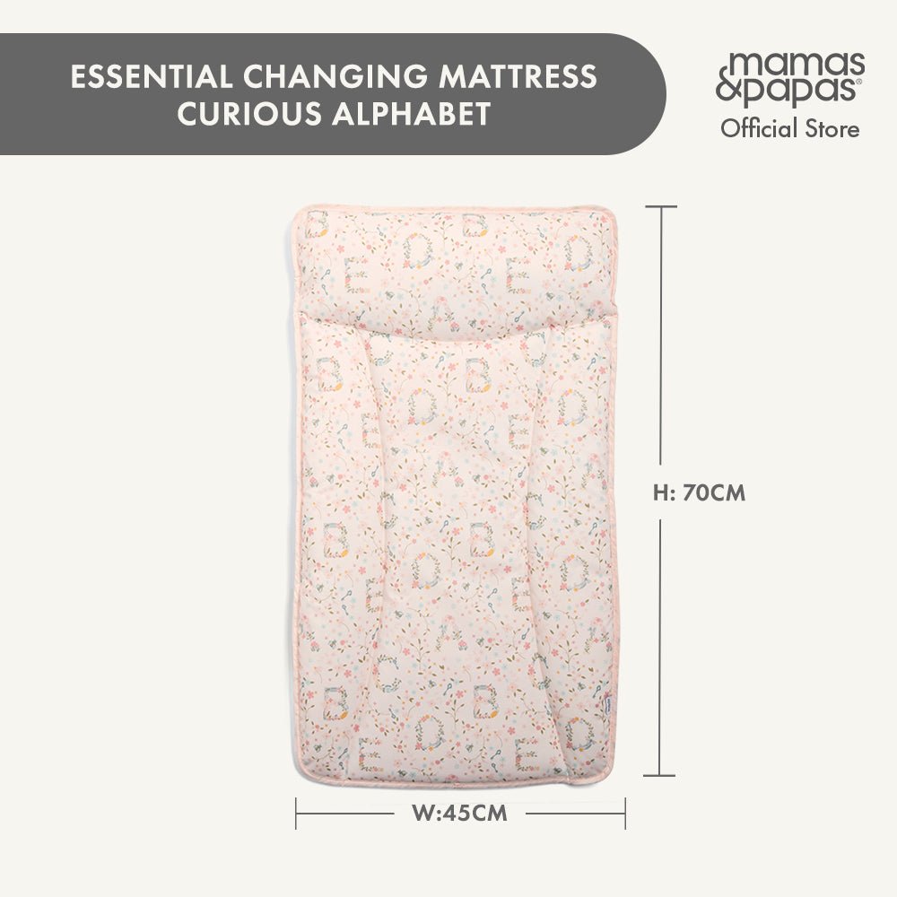 Changing mat mattress in light pink with repeating letter pattern, approx 70cm x 45cm.