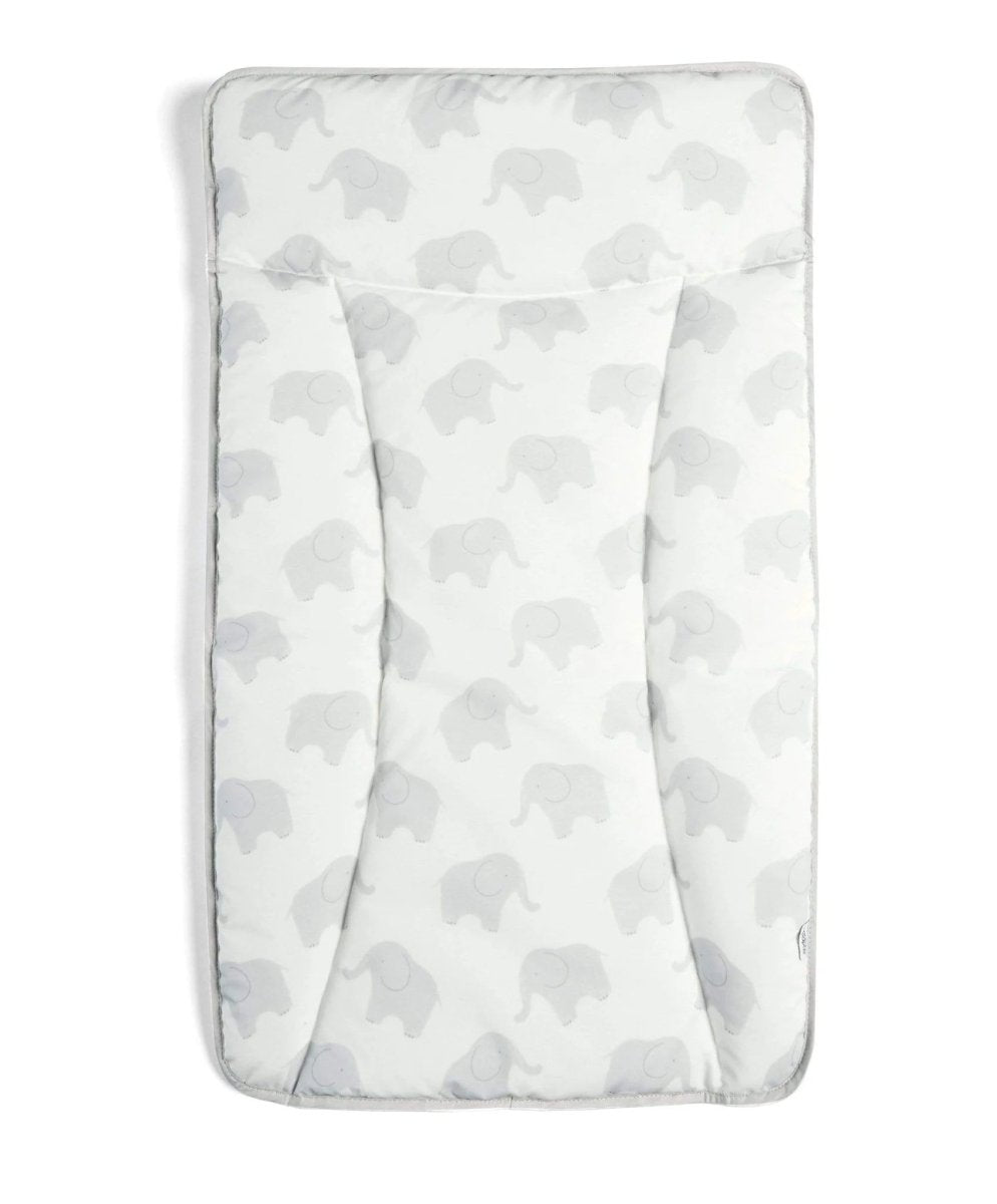 Baby changing mat with light gray elephant print and padded foldover cover
