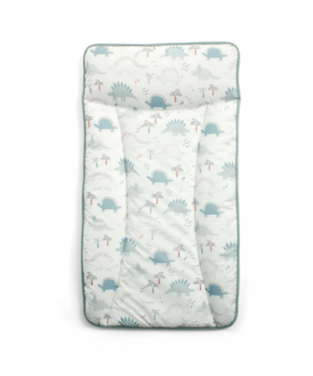 Dinosaur changing mat with teal and red illustrations, padded white interior and edges