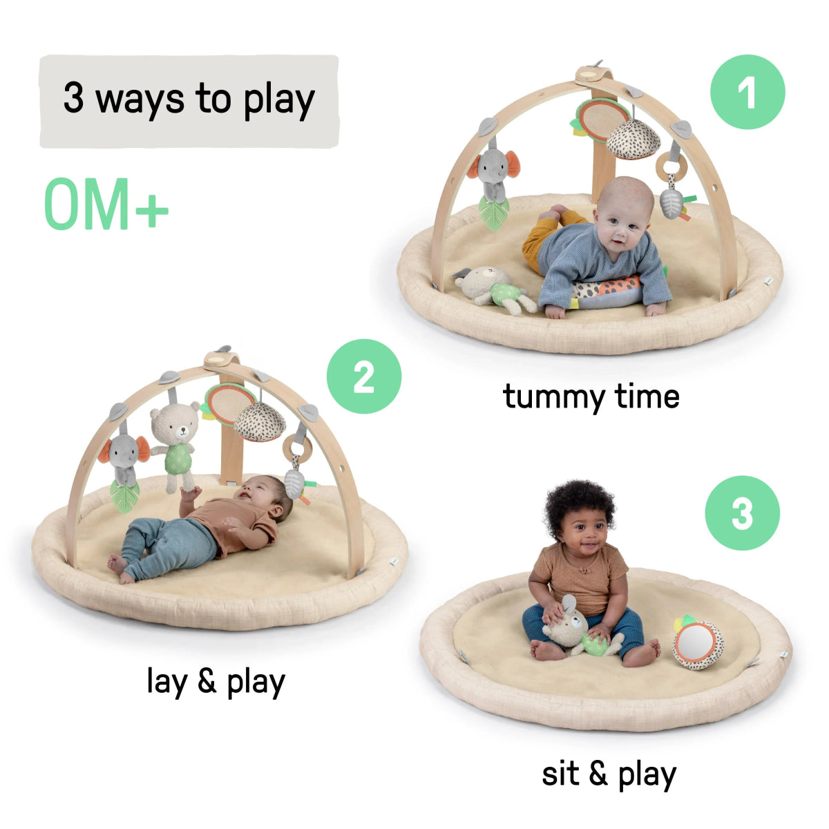 Natural plush lambswool baby play gym with arch toys and baby on padded mat