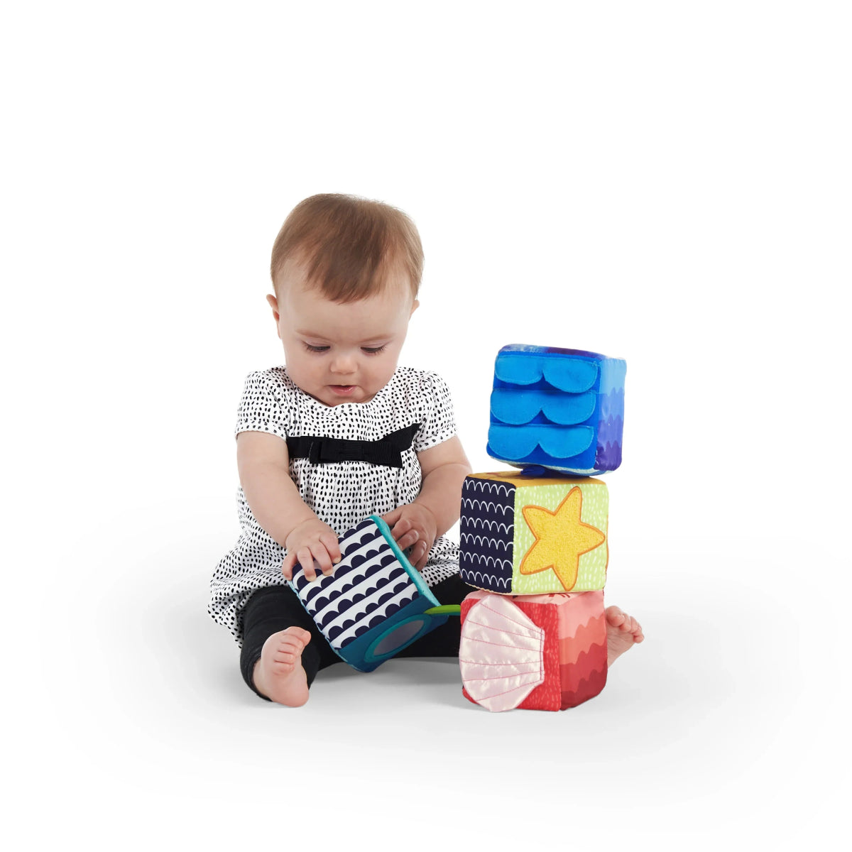 Soft block cubes with blue wave top, yellow star panel, and pink-red fabric sides