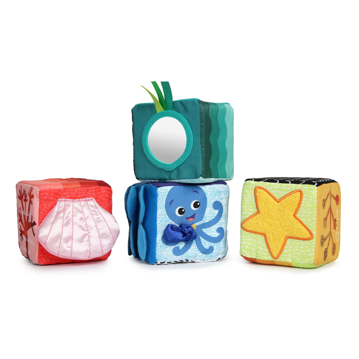 Soft fabric blocks set with teal octopus, red pattern cube, and yellow star cube