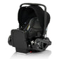Black infant car seat with padded insert and base, rear three-quarter view