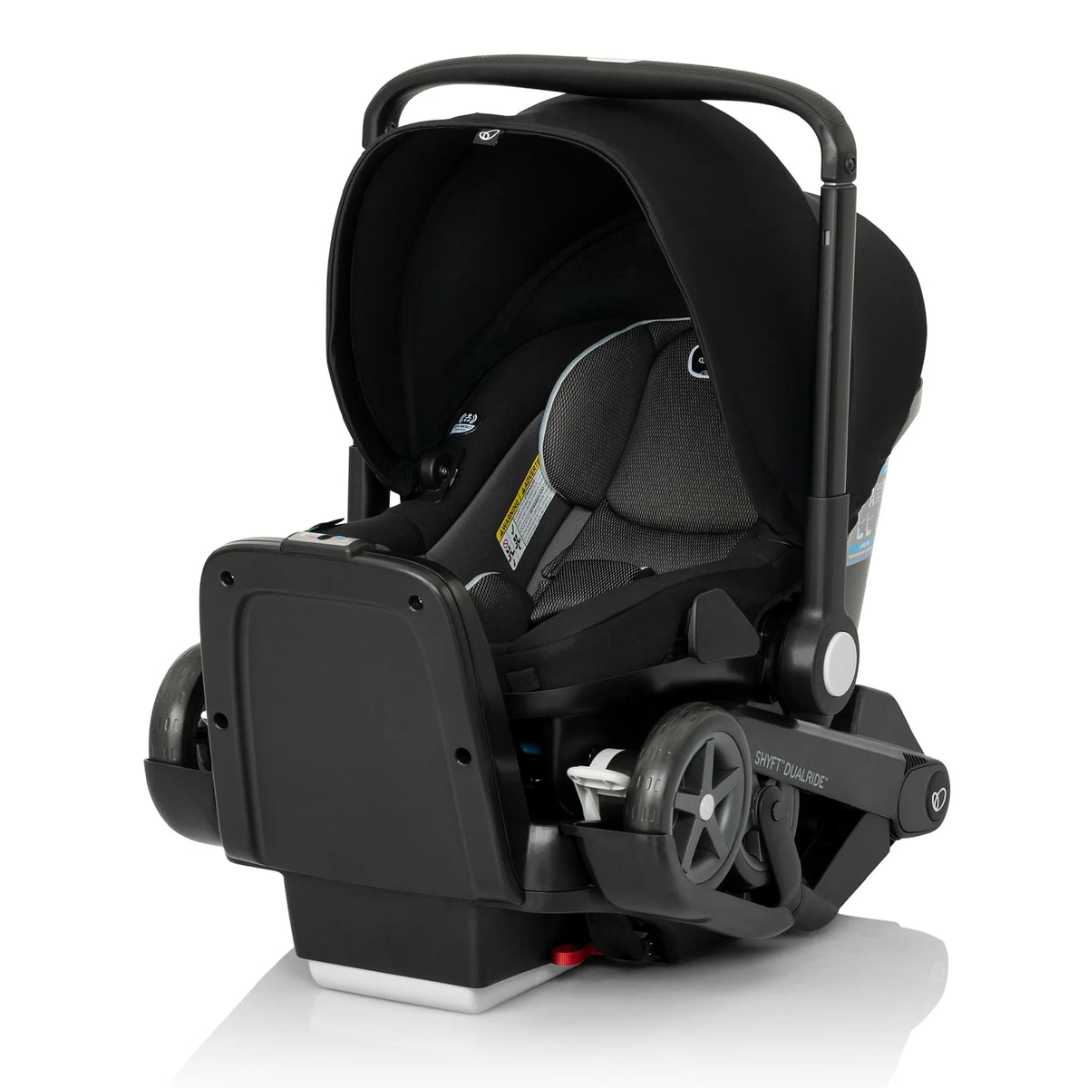 Black infant car seat with padded insert and base, rear three-quarter view