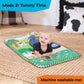 Farm activity play mat with arched bar and ring toy, baby on belly
