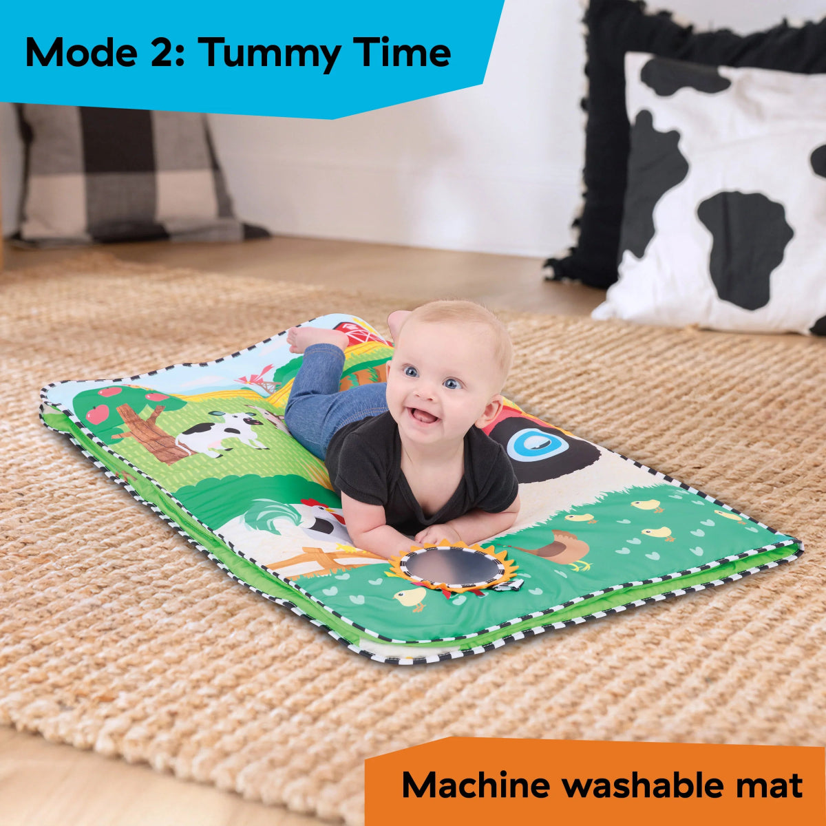 Farm activity play mat with arched bar and ring toy, baby on belly