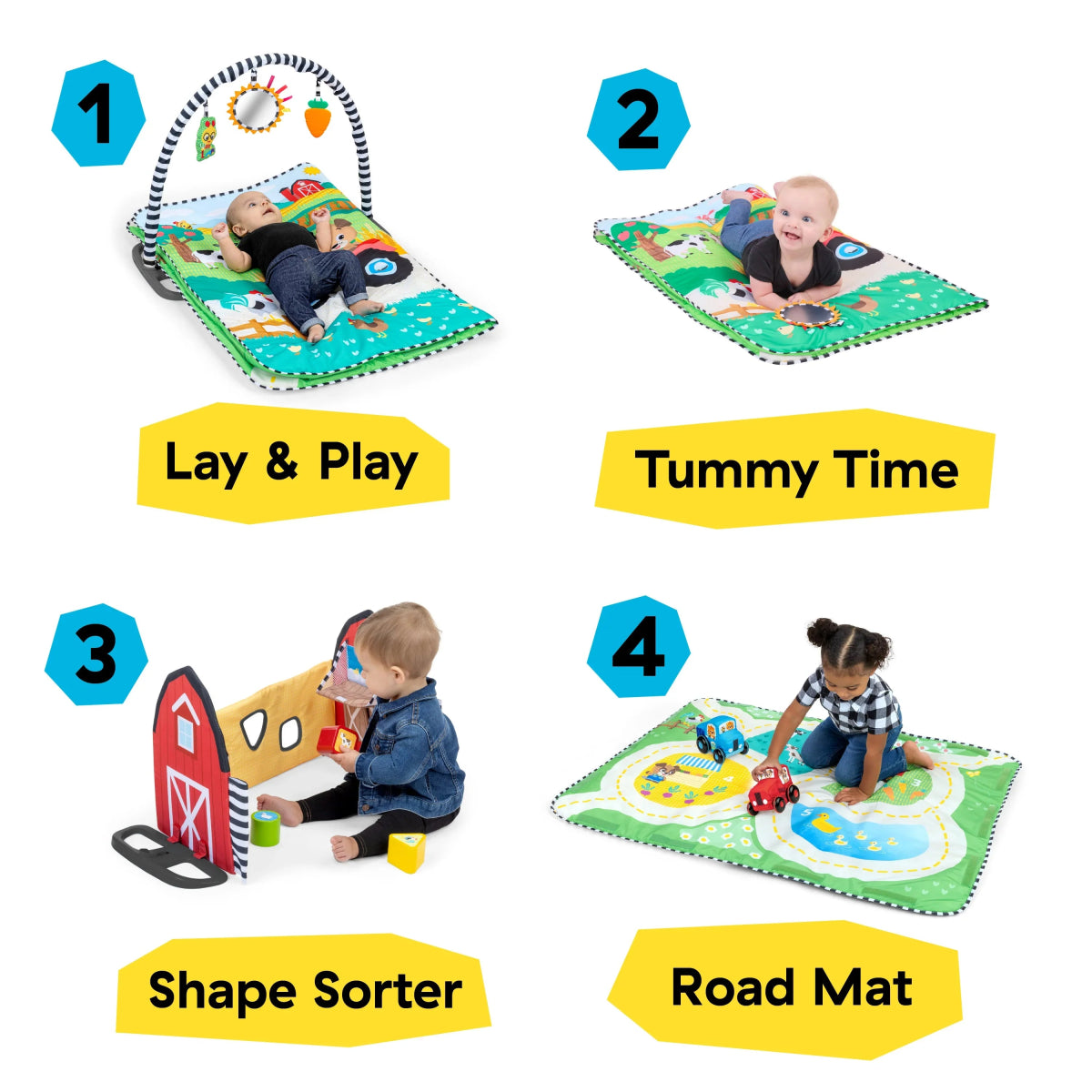 Baby play activity gym set with barn play mat, shape sorter pieces, and vehicles