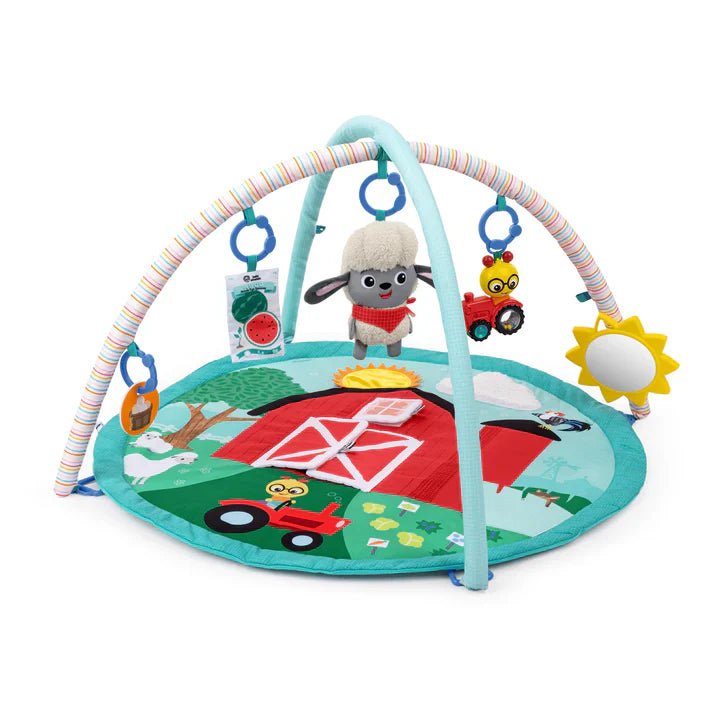 Baby activity gym play mat with arch and farm-themed hanging toys