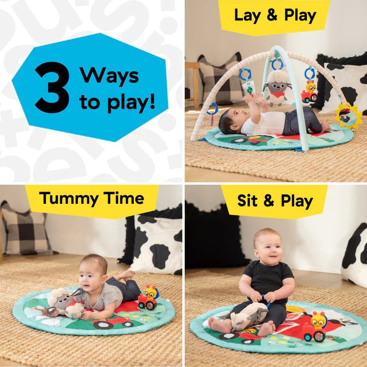 Farm activity gym play mat with arch and hanging toys during play