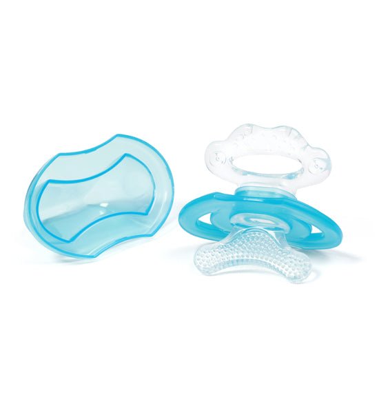 Blue baby teether with textured teething pad and pacifier-shaped handle