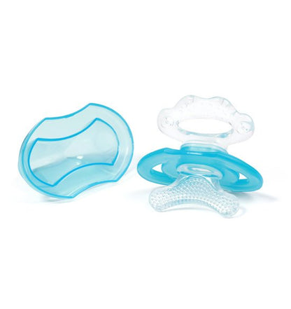 Blue baby teether with textured teething pad and pacifier-shaped handle