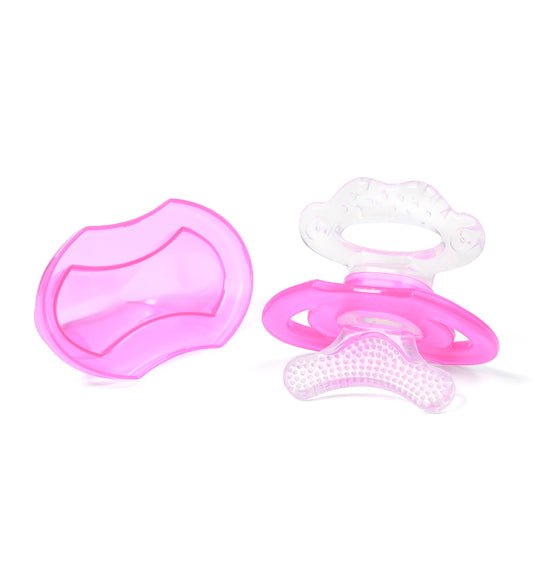 Pink baby teether with textured teething pad and pacifier-shaped handle