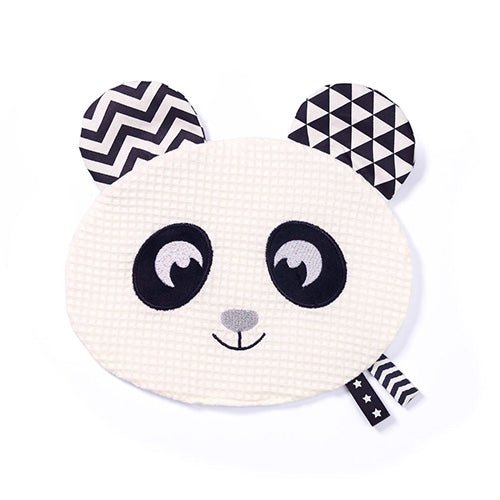 Flat cuddly panda toy with white textured body, black zigzag ears, big printed eyes