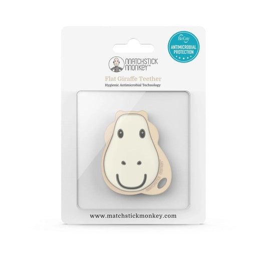Flat face giraffe teether, light beige silicone with smiling face details
